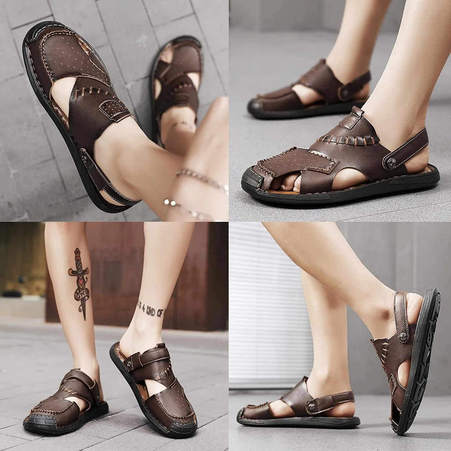Qiucdzi Mens Leather Sandals, Closed-Toe Hiking Sandals Slip-on Summer Sandals Adjustable Athletic Beach Sandals Handmade Fisherman Shoes for Outdoor
