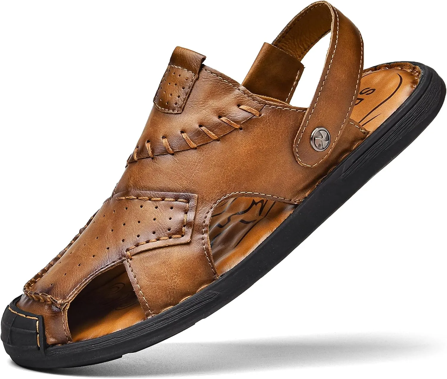 Qiucdzi Mens Leather Sandals, Closed-Toe Hiking Sandals Slip-on Summer Sandals Adjustable Athletic Beach Sandals Handmade Fisherman Shoes for Outdoor
