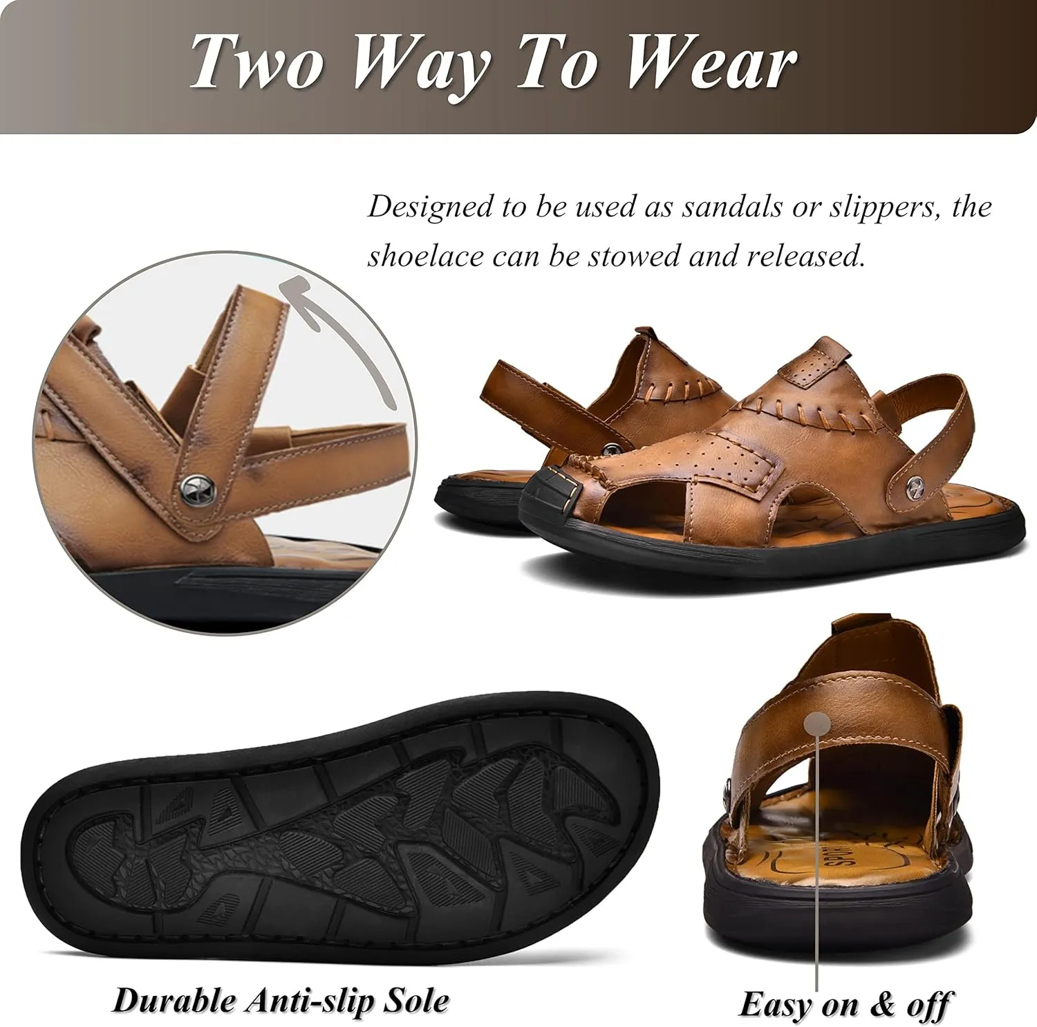 Qiucdzi Mens Leather Sandals, Closed-Toe Hiking Sandals Slip-on Summer Sandals Adjustable Athletic Beach Sandals Handmade Fisherman Shoes for Outdoor