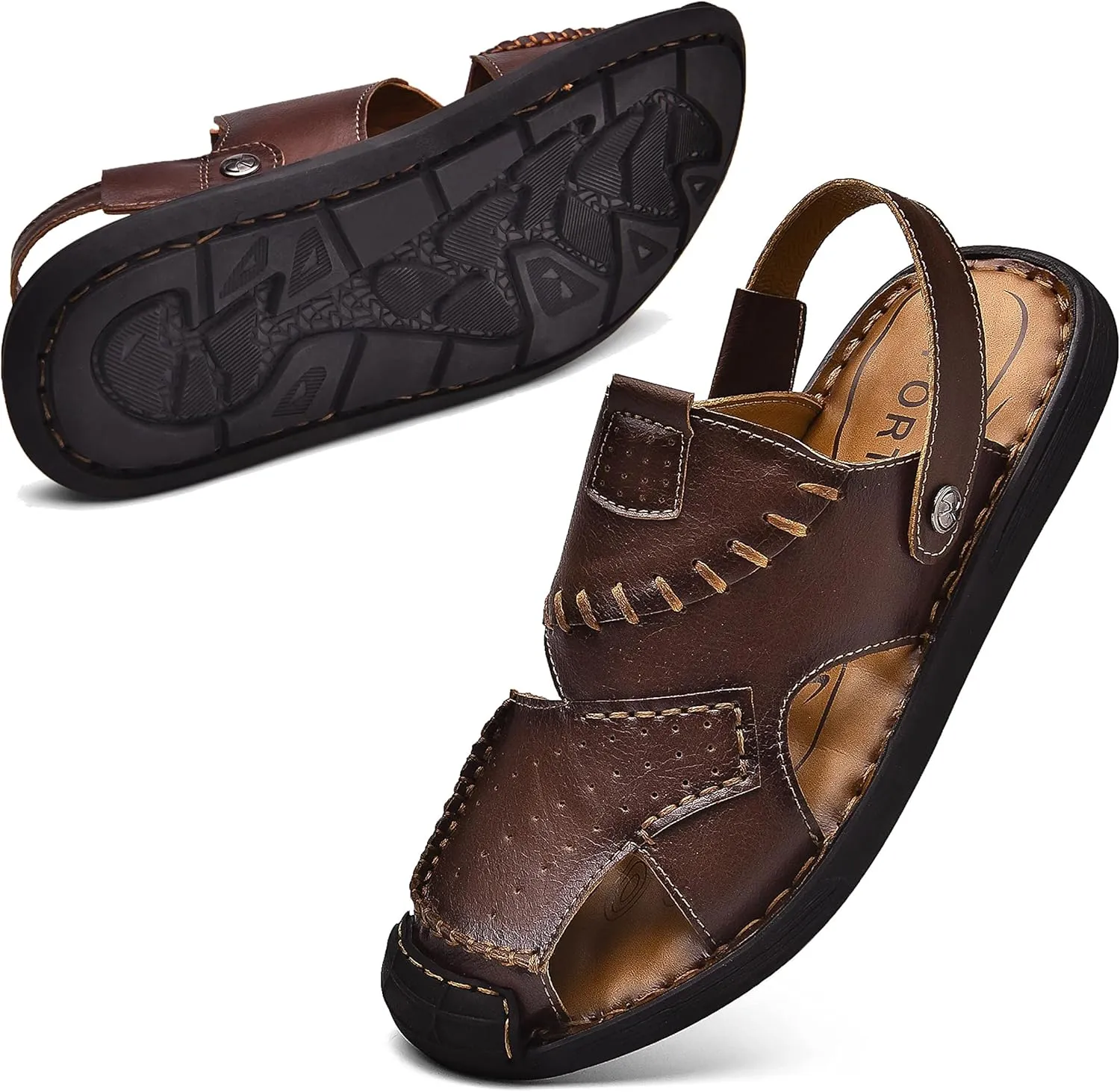 Qiucdzi Mens Leather Sandals, Closed-Toe Hiking Sandals Slip-on Summer Sandals Adjustable Athletic Beach Sandals Handmade Fisherman Shoes for Outdoor