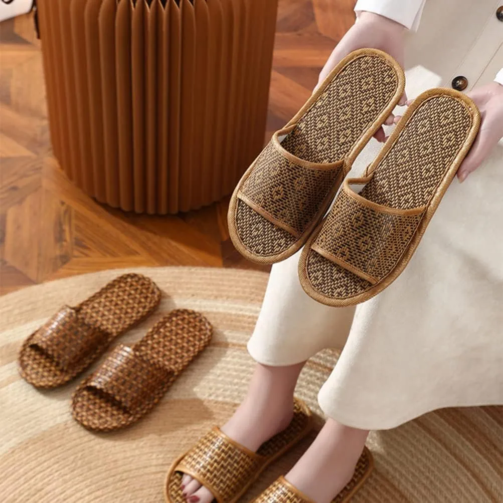 Rattan Straw Woven Slippers Summer Household Sandals Indoor Non- slip Breathable Linen Slippers