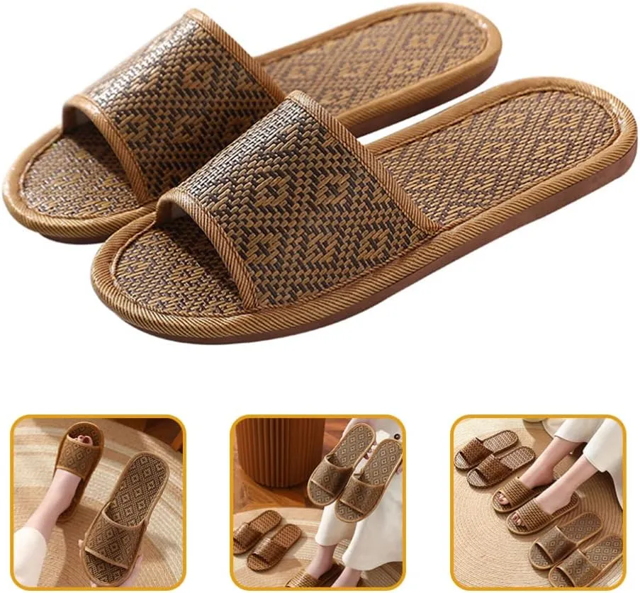 Rattan Straw Woven Slippers Summer Household Sandals Indoor Non- slip Breathable Linen Slippers