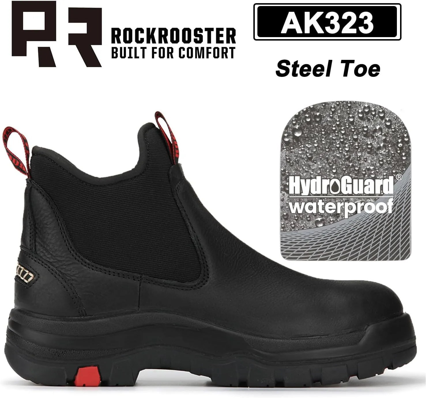 ROCKROOSTER Bakken Men's Black 6 inch Chelsea Boots, EH Rated Waterproof Slip-on Work Boots AK303-Soft Toe, AK323-Steel Toe