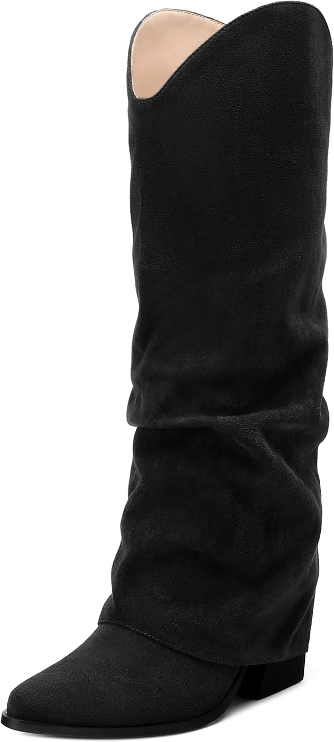 Roserwish Women's Slouchy Knee High Boots - Fold Over Mid Calf, Wide Calf, Pointed Toe, Chunky Heel, Pull-On Fall Winter Dress Shoes