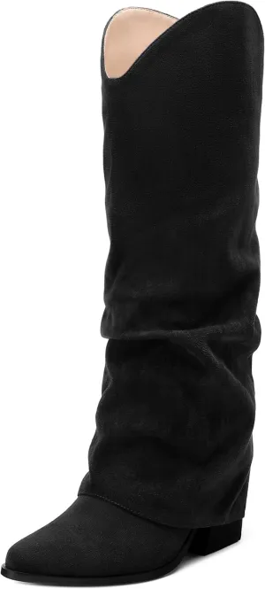 Roserwish Women's Slouchy Knee High Boots - Fold Over Mid Calf, Wide Calf, Pointed Toe, Chunky Heel, Pull-On Fall Winter Dress Shoes