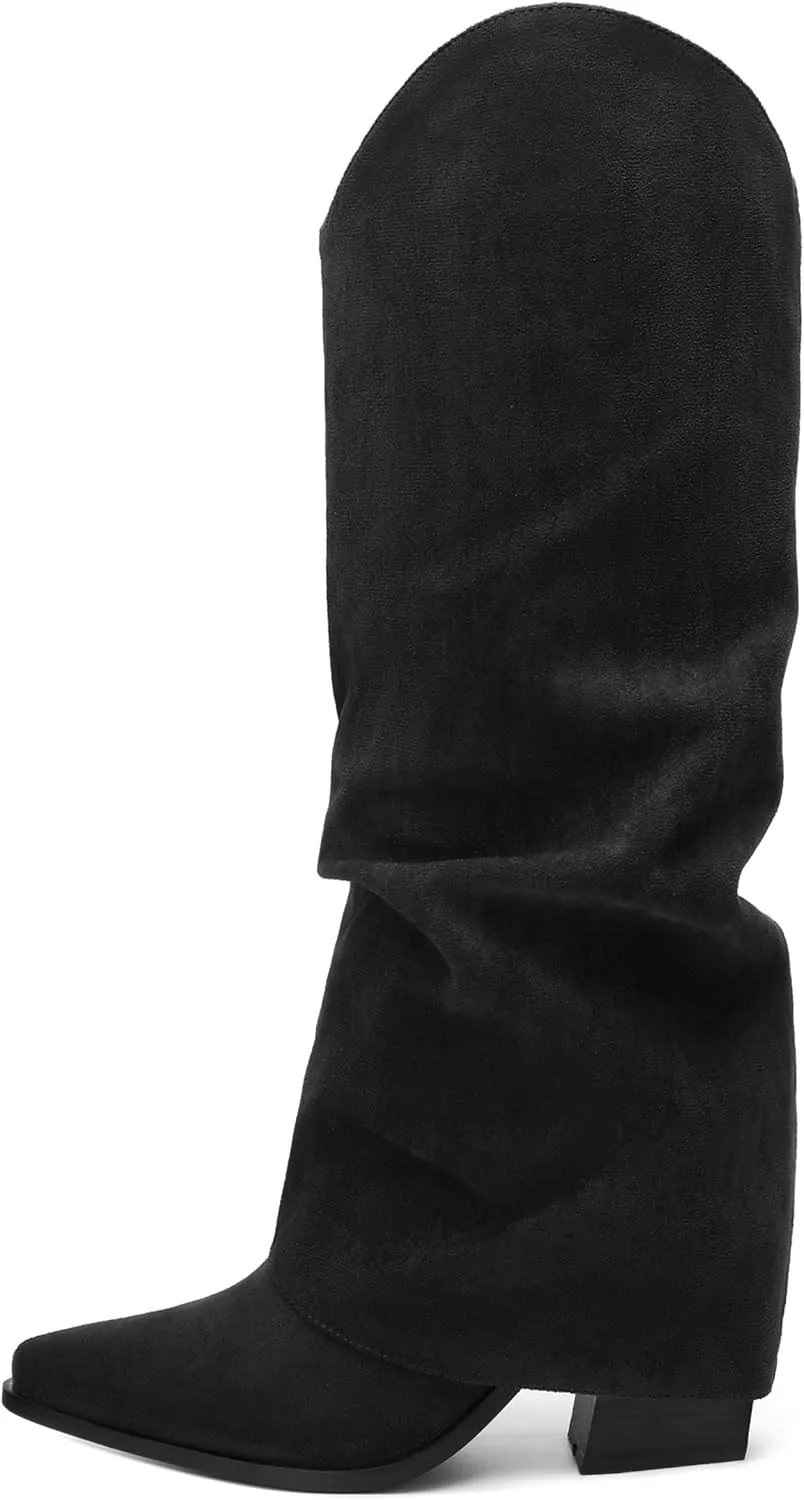 Roserwish Women's Slouchy Knee High Boots - Fold Over Mid Calf, Wide Calf, Pointed Toe, Chunky Heel, Pull-On Fall Winter Dress Shoes