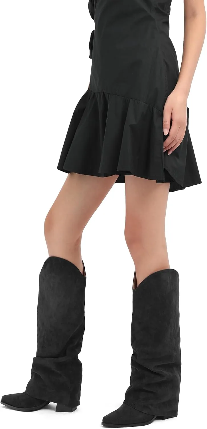 Roserwish Women's Slouchy Knee High Boots - Fold Over Mid Calf, Wide Calf, Pointed Toe, Chunky Heel, Pull-On Fall Winter Dress Shoes