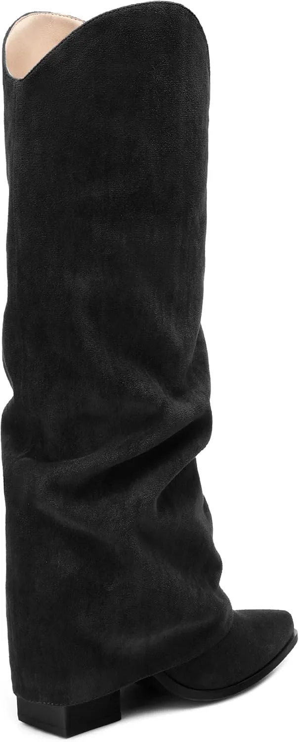 Roserwish Women's Slouchy Knee High Boots - Fold Over Mid Calf, Wide Calf, Pointed Toe, Chunky Heel, Pull-On Fall Winter Dress Shoes