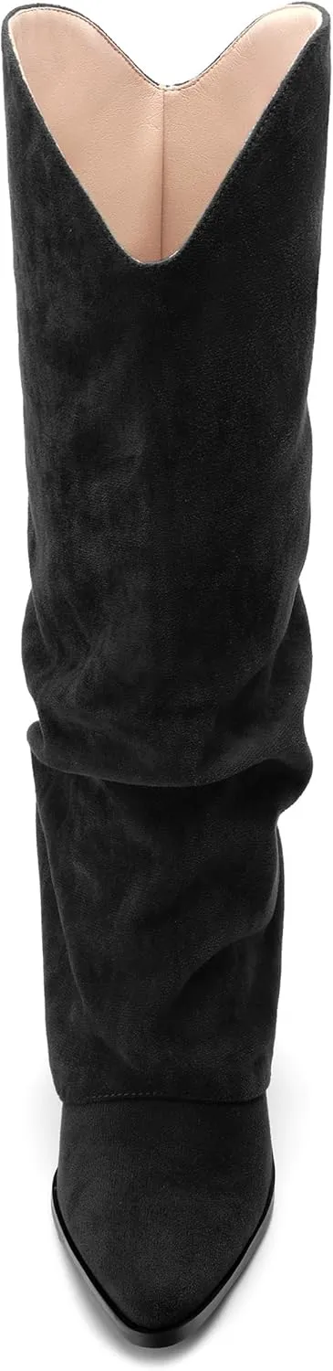 Roserwish Women's Slouchy Knee High Boots - Fold Over Mid Calf, Wide Calf, Pointed Toe, Chunky Heel, Pull-On Fall Winter Dress Shoes