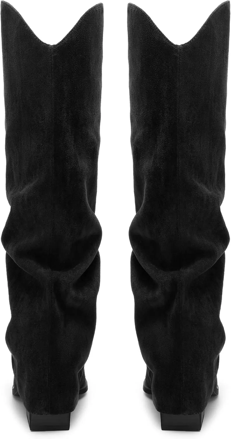 Roserwish Women's Slouchy Knee High Boots - Fold Over Mid Calf, Wide Calf, Pointed Toe, Chunky Heel, Pull-On Fall Winter Dress Shoes