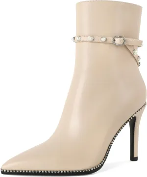 SAMMITOP Women Ankle Boots Short Bootie Close Pointed Toe Stiletto High Heel Booties Fashion Beaded Pearl Buckle Dress Shoes 4 Inch