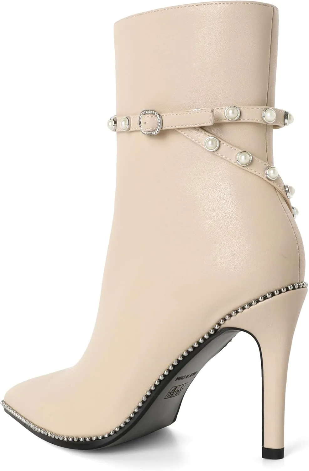 SAMMITOP Women Ankle Boots Short Bootie Close Pointed Toe Stiletto High Heel Booties Fashion Beaded Pearl Buckle Dress Shoes 4 Inch