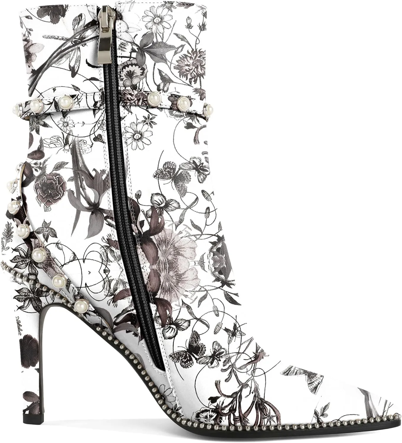 SAMMITOP Women Ankle Boots Short Bootie Close Pointed Toe Stiletto High Heel Booties Fashion Beaded Pearl Buckle Dress Shoes 4 Inch