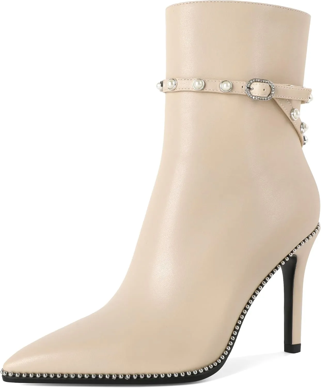 SAMMITOP Women Ankle Boots Short Bootie Close Pointed Toe Stiletto High Heel Booties Fashion Beaded Pearl Buckle Dress Shoes 4 Inch