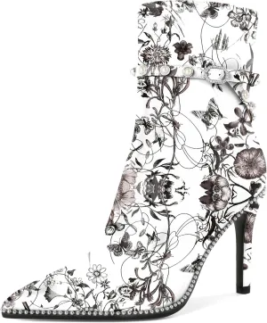 SAMMITOP Women Ankle Boots Short Bootie Close Pointed Toe Stiletto High Heel Booties Fashion Beaded Pearl Buckle Dress Shoes 4 Inch