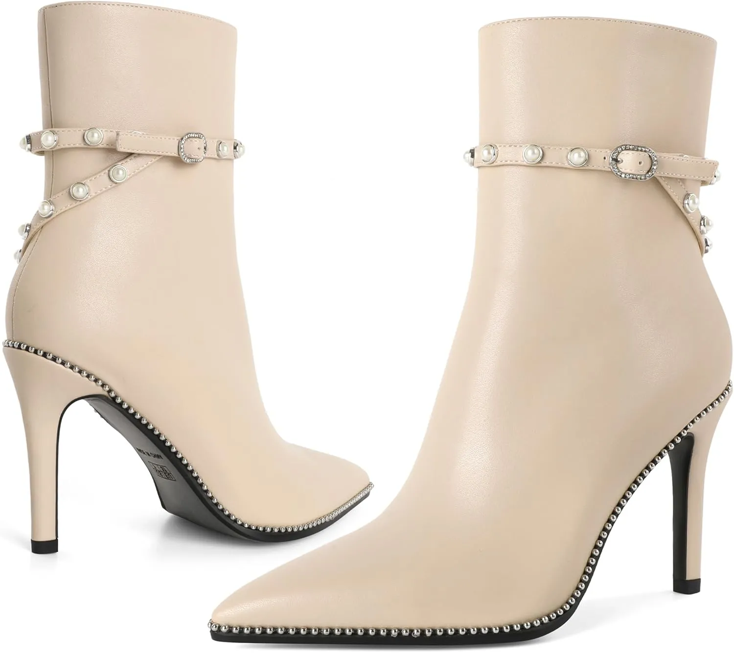 SAMMITOP Women Ankle Boots Short Bootie Close Pointed Toe Stiletto High Heel Booties Fashion Beaded Pearl Buckle Dress Shoes 4 Inch