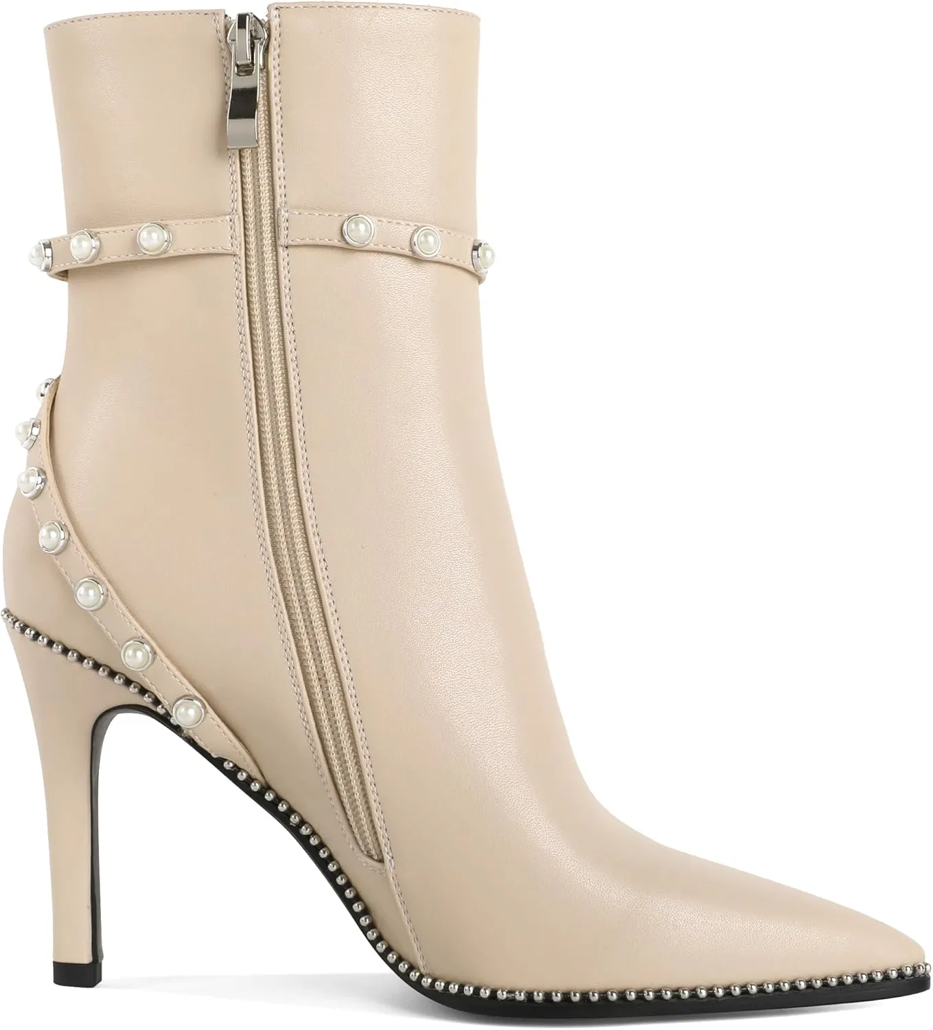 SAMMITOP Women Ankle Boots Short Bootie Close Pointed Toe Stiletto High Heel Booties Fashion Beaded Pearl Buckle Dress Shoes 4 Inch