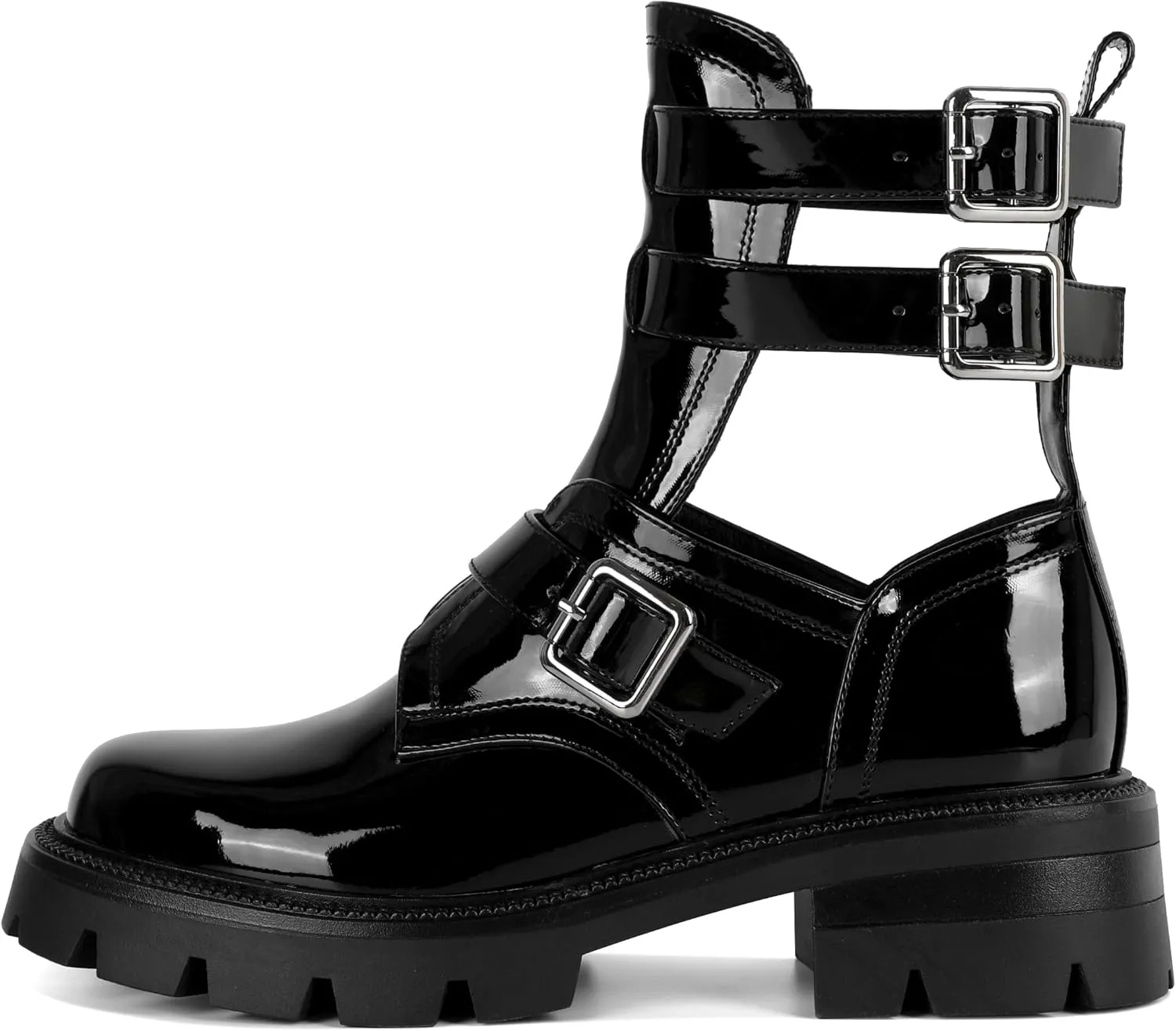 SAMMITOP Women Lug Sole Low Heel Ankle Boots Fashion Round Toe Cutout Combat Boots Metal Buckle Goth Ankle Booties 2 Inch