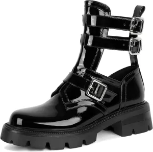 SAMMITOP Women Lug Sole Low Heel Ankle Boots Fashion Round Toe Cutout Combat Boots Metal Buckle Goth Ankle Booties 2 Inch