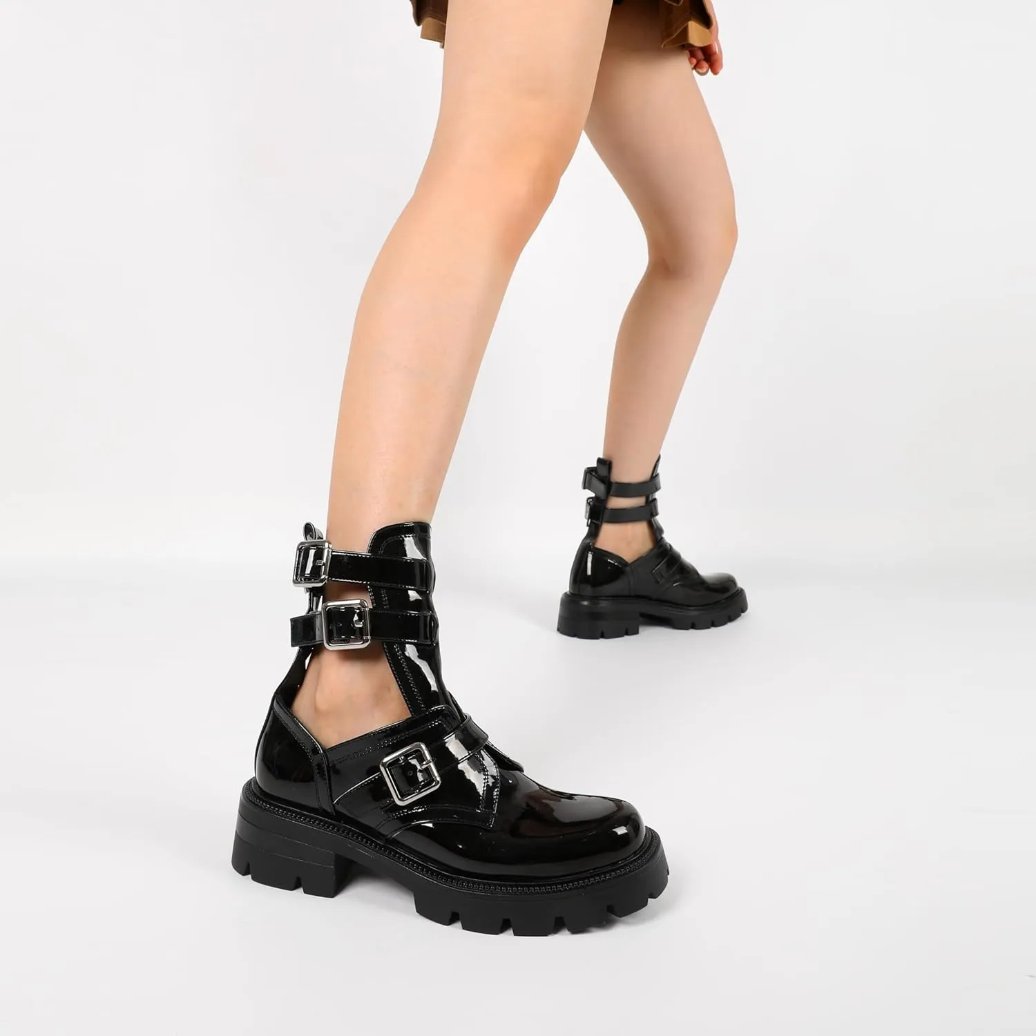 SAMMITOP Women Lug Sole Low Heel Ankle Boots Fashion Round Toe Cutout Combat Boots Metal Buckle Goth Ankle Booties 2 Inch