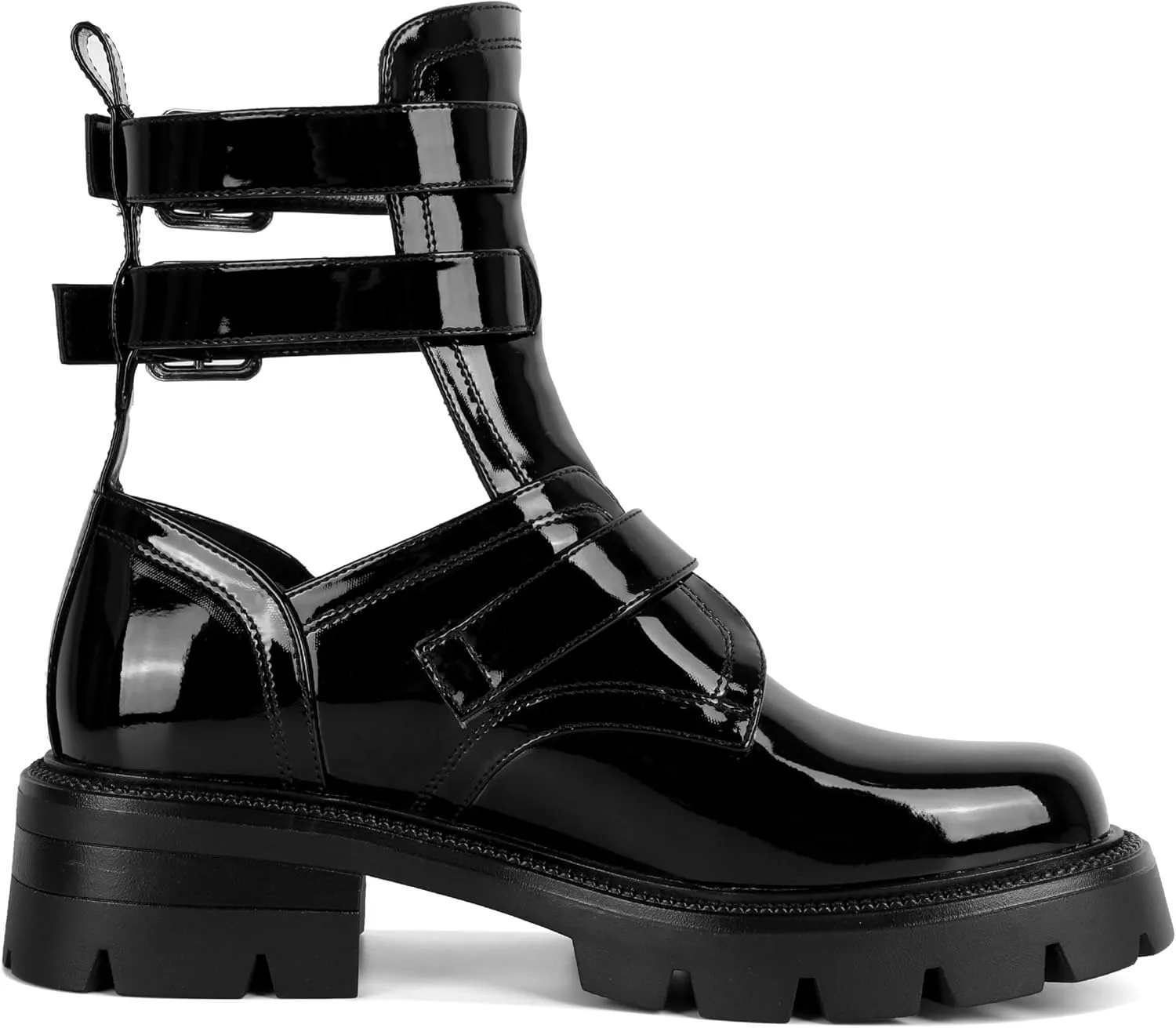 SAMMITOP Women Lug Sole Low Heel Ankle Boots Fashion Round Toe Cutout Combat Boots Metal Buckle Goth Ankle Booties 2 Inch