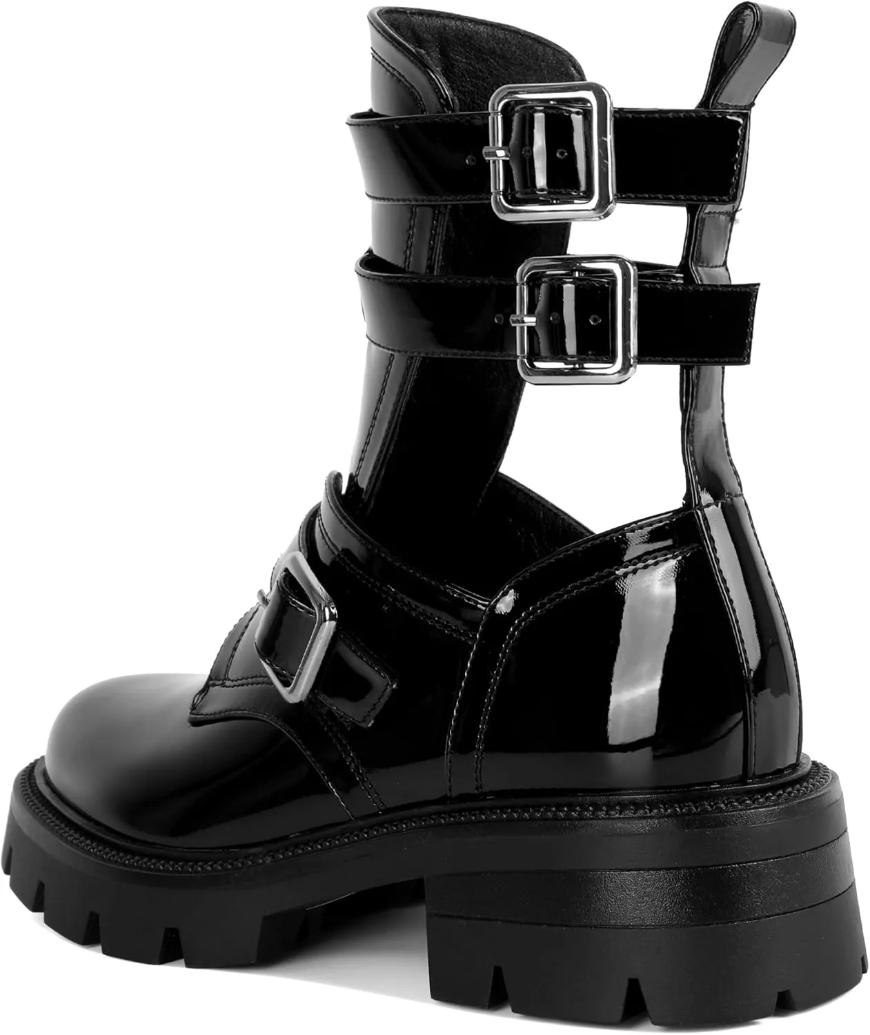 SAMMITOP Women Lug Sole Low Heel Ankle Boots Fashion Round Toe Cutout Combat Boots Metal Buckle Goth Ankle Booties 2 Inch