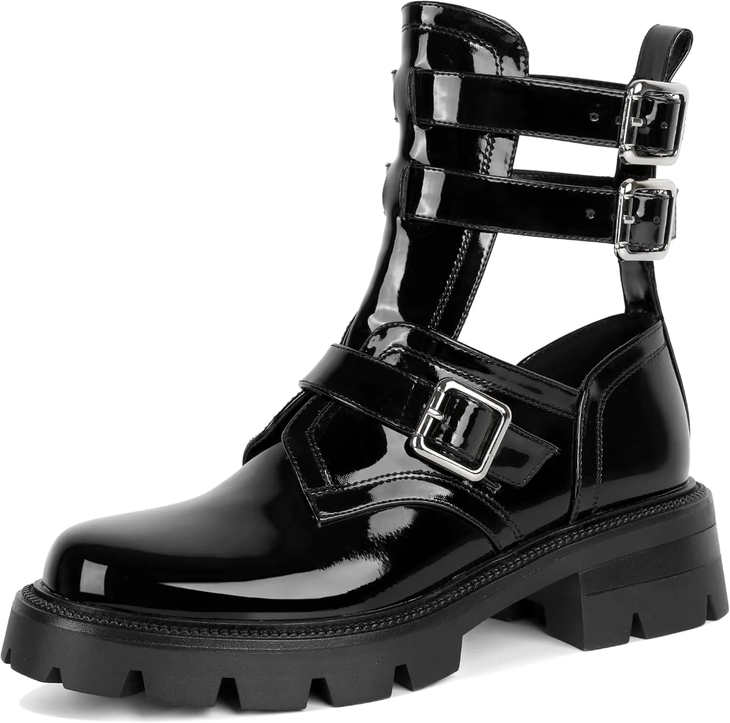 SAMMITOP Women Lug Sole Low Heel Ankle Boots Fashion Round Toe Cutout Combat Boots Metal Buckle Goth Ankle Booties 2 Inch