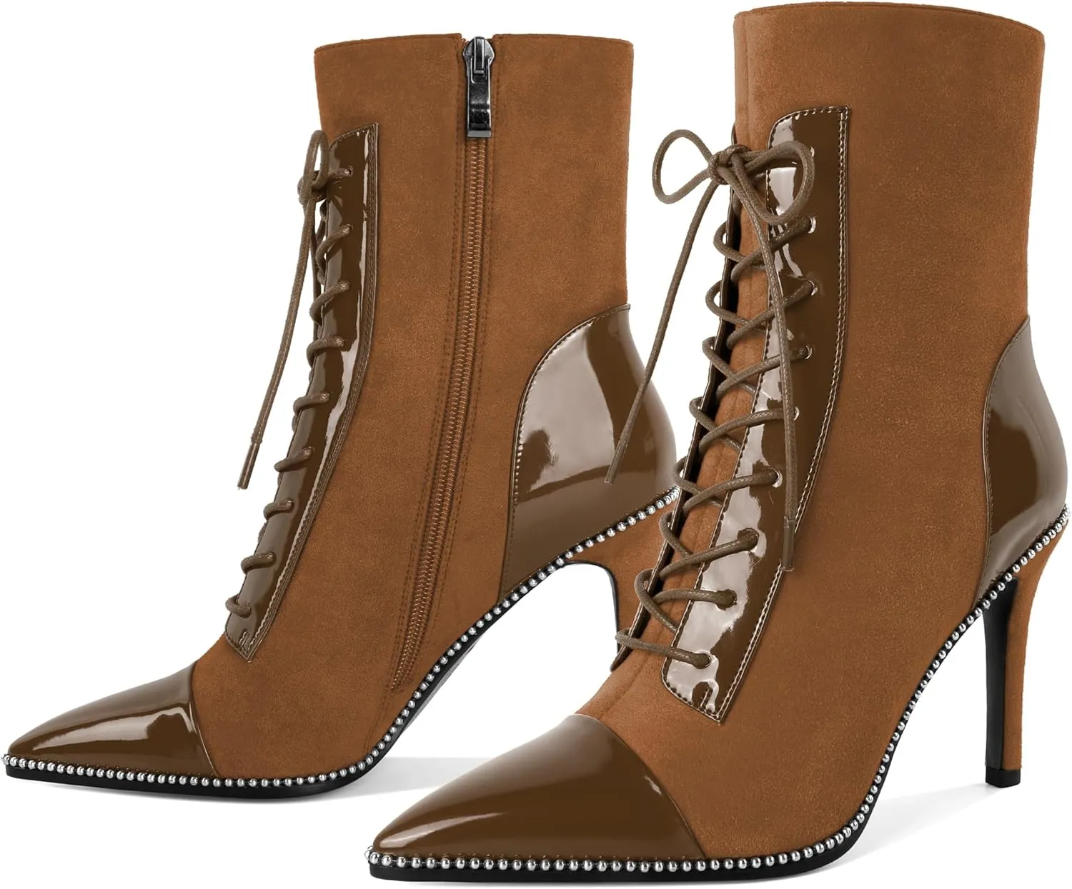 SAMMITOP Women's Lace Up Ankle Boots High Stiletto Heel Pointy Toe Fashion Heeled Booties Silver Beaded Side Zipper Short Boots Shoes 4 Inch
