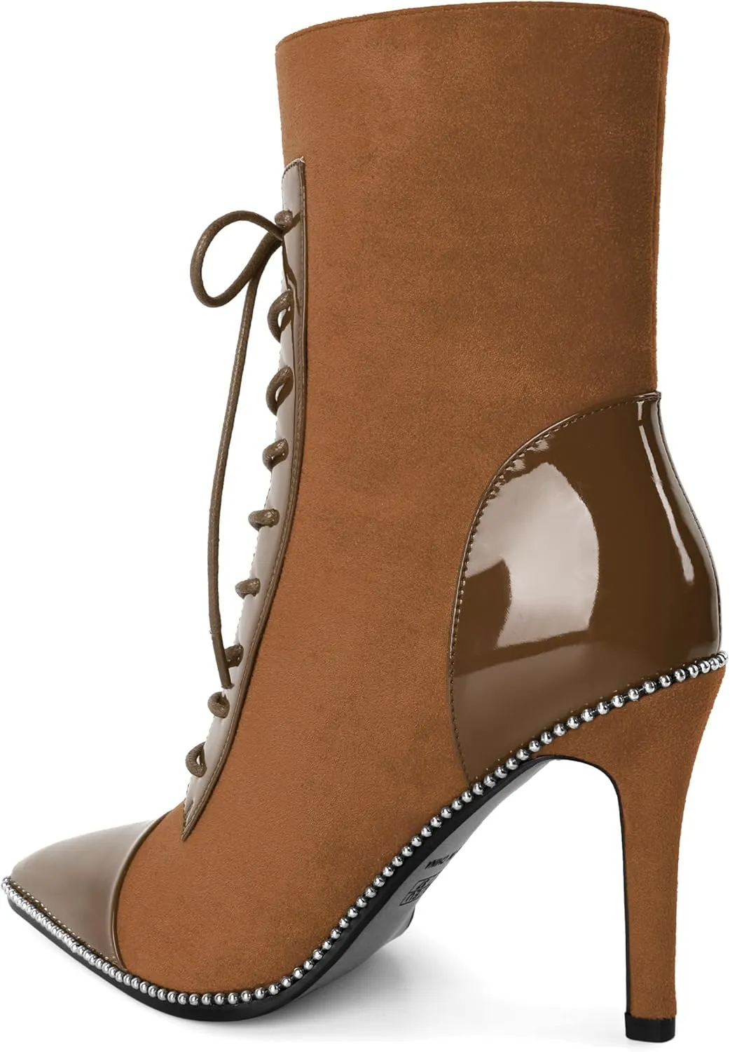 SAMMITOP Women's Lace Up Ankle Boots High Stiletto Heel Pointy Toe Fashion Heeled Booties Silver Beaded Side Zipper Short Boots Shoes 4 Inch