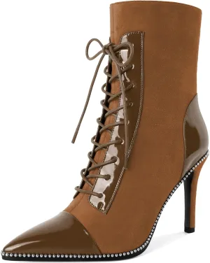 SAMMITOP Women's Lace Up Ankle Boots High Stiletto Heel Pointy Toe Fashion Heeled Booties Silver Beaded Side Zipper Short Boots Shoes 4 Inch