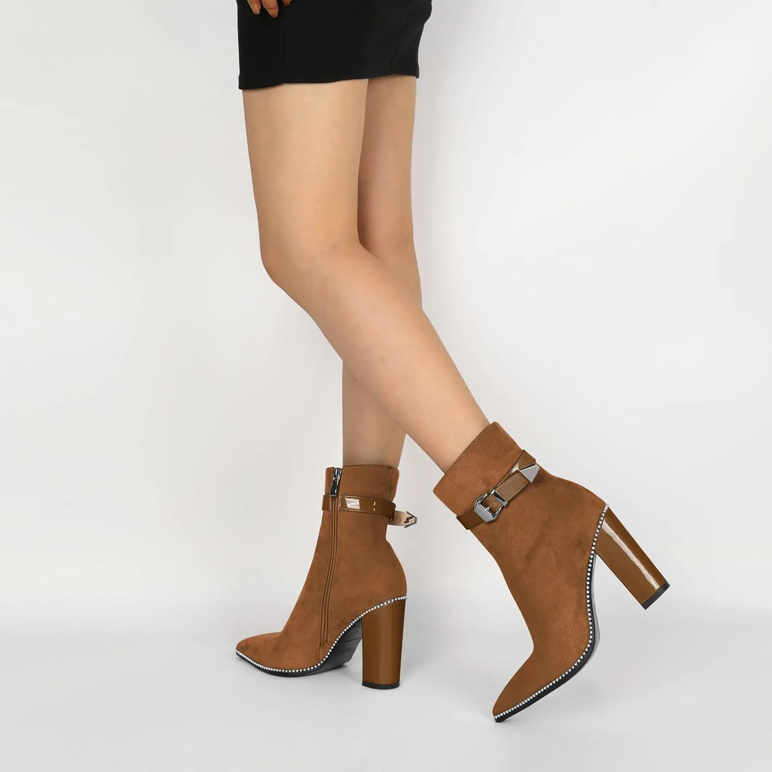 SAMMITOP Women's Pointed Toe Ankle Boots Chunky Block High Heel Beaded Buckle Strap Ankle Booties Side Zipper Short Boots Dressy 3.7 Inch
