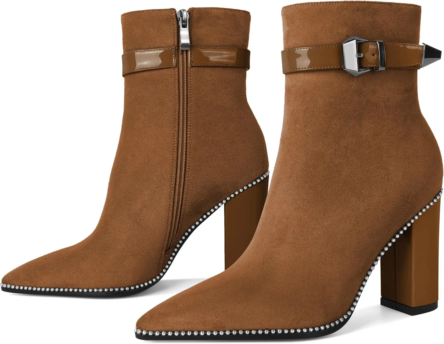 SAMMITOP Women's Pointed Toe Ankle Boots Chunky Block High Heel Beaded Buckle Strap Ankle Booties Side Zipper Short Boots Dressy 3.7 Inch