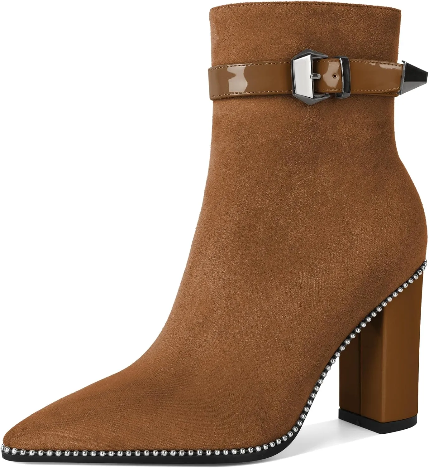 SAMMITOP Women's Pointed Toe Ankle Boots Chunky Block High Heel Beaded Buckle Strap Ankle Booties Side Zipper Short Boots Dressy 3.7 Inch