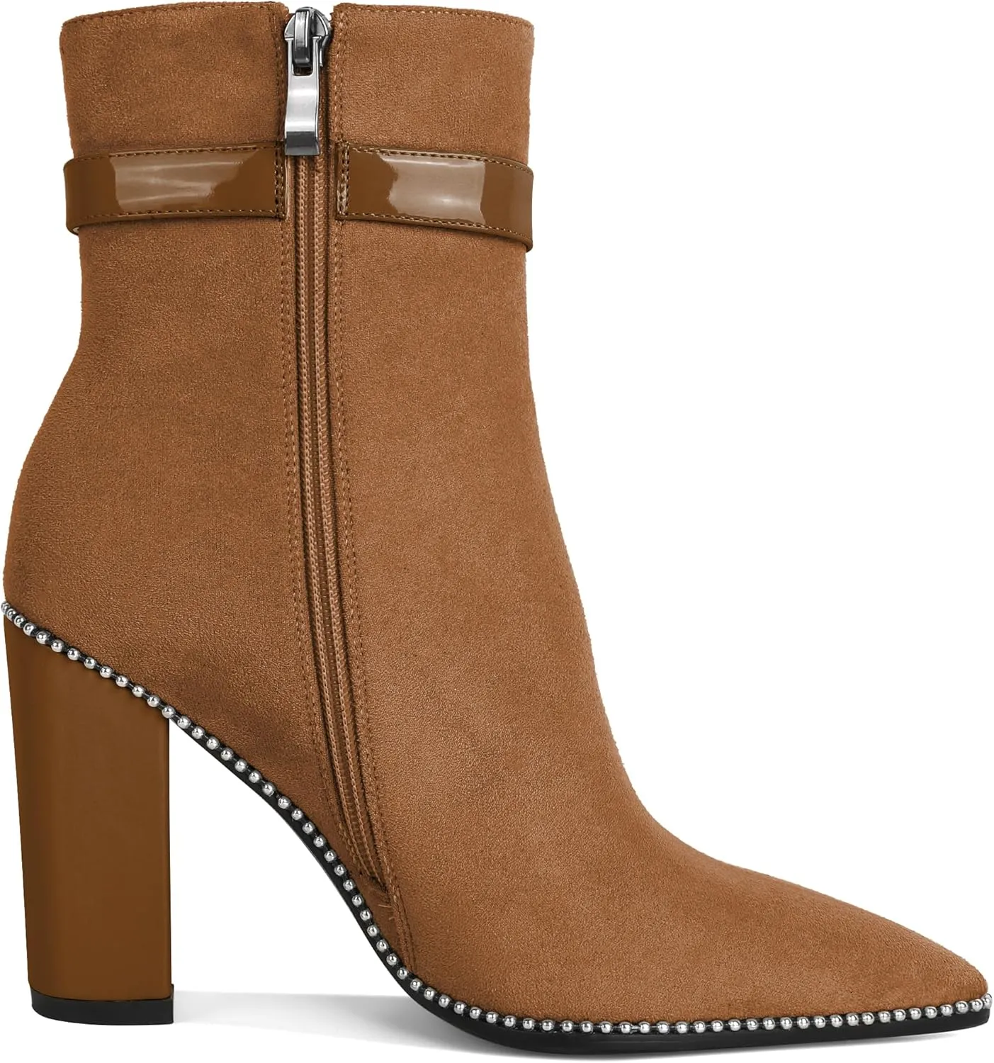SAMMITOP Women's Pointed Toe Ankle Boots Chunky Block High Heel Beaded Buckle Strap Ankle Booties Side Zipper Short Boots Dressy 3.7 Inch
