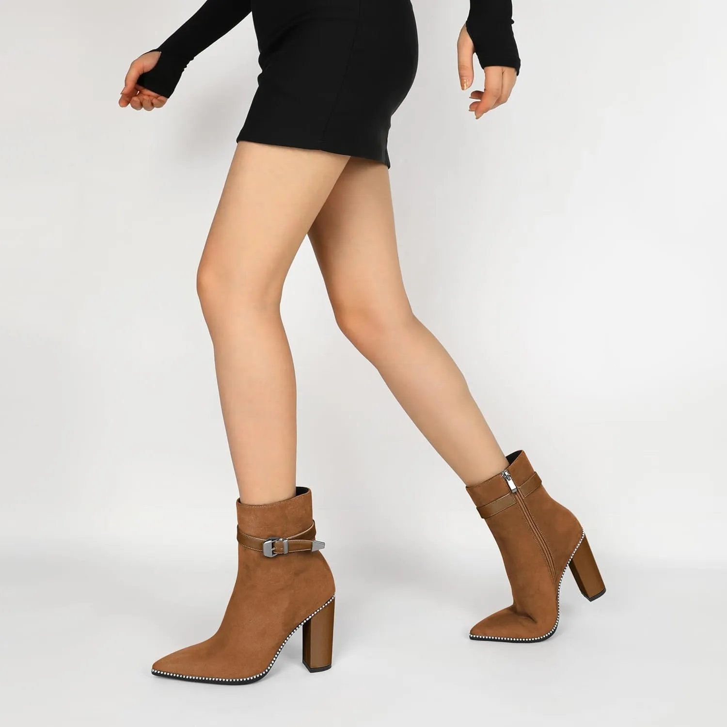 SAMMITOP Women's Pointed Toe Ankle Boots Chunky Block High Heel Beaded Buckle Strap Ankle Booties Side Zipper Short Boots Dressy 3.7 Inch