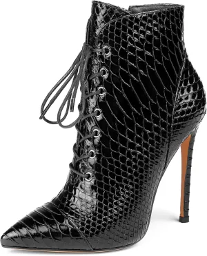 SAMMITOP Women's Pointed Toe Lace Up Ankle Boots,Animal Print Short Booties