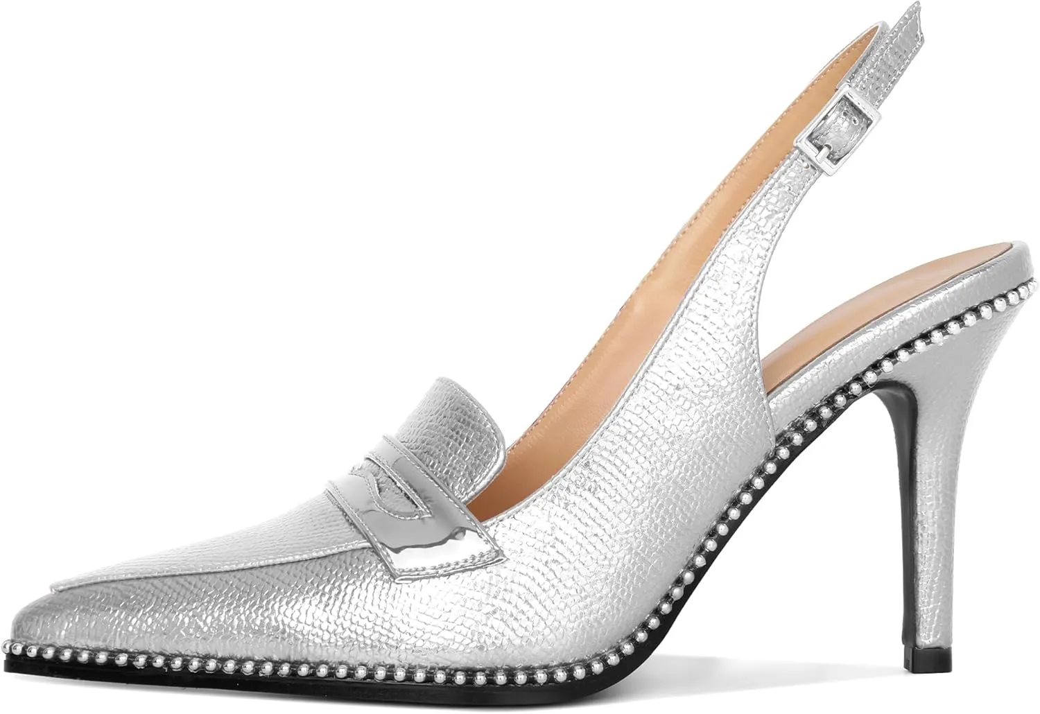 SAMMITOP Womens Slingback High Heel Pumps 3.5" Stiletto Pointed Toe Beaded Pumps Slip On Loafers Heels Elegant Dress Shoes