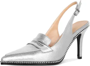 SAMMITOP Womens Slingback High Heel Pumps 3.5" Stiletto Pointed Toe Beaded Pumps Slip On Loafers Heels Elegant Dress Shoes