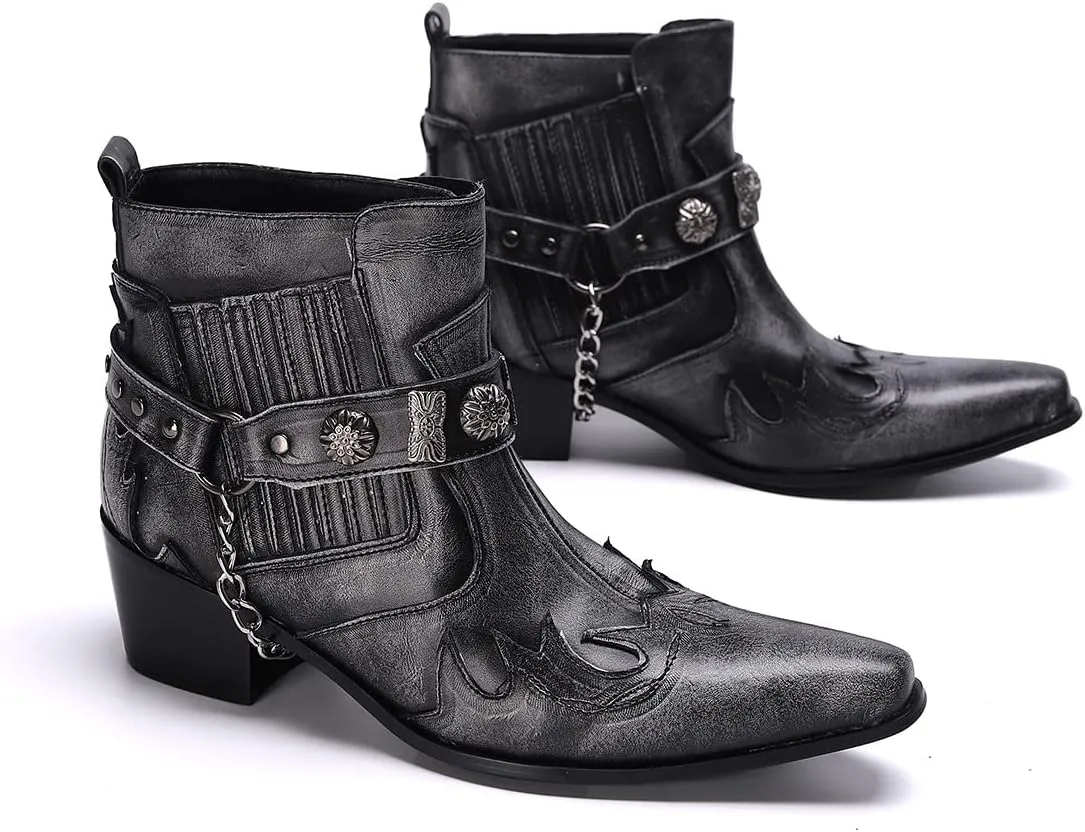 Santimon Chelsea Boots Men Party Casual Dress Leather Chain Cowboy Boots Fashion Western Boots Prom Wedding Ballroom Motorcycle Ankle Boots for Men Boys