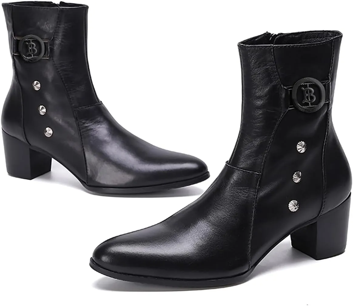 Santimon Mens Dress Boots Party Casual Genuine Leather Chelsea Boots Fashion Western Cowboy Boots Prom Wedding Ballroom Motorcycle Zipper On Side Mid Calf Boots for Men