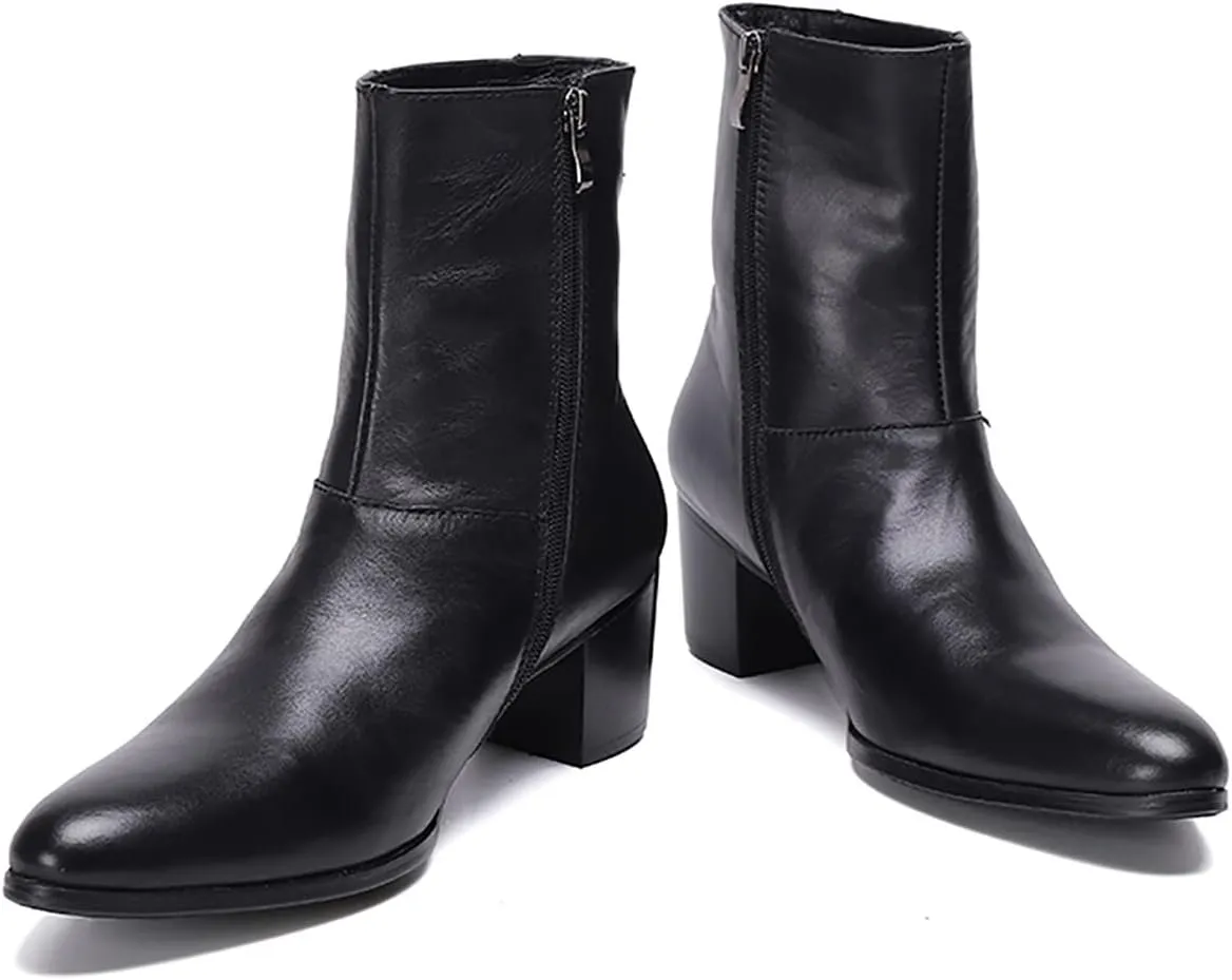 Santimon Mens Dress Boots Party Casual Genuine Leather Chelsea Boots Fashion Western Cowboy Boots Prom Wedding Ballroom Motorcycle Zipper On Side Mid Calf Boots for Men