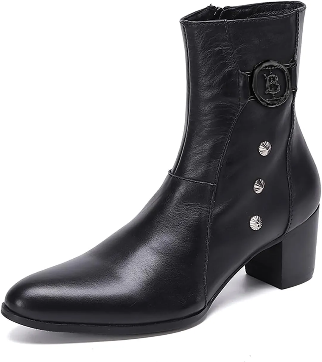 Santimon Mens Dress Boots Party Casual Genuine Leather Chelsea Boots Fashion Western Cowboy Boots Prom Wedding Ballroom Motorcycle Zipper On Side Mid Calf Boots for Men