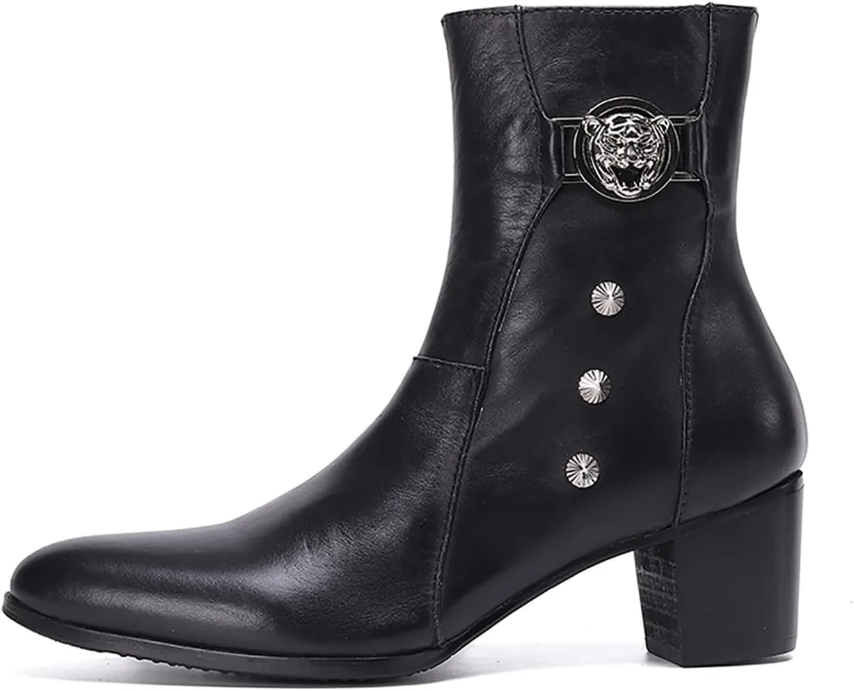 Santimon Mens Dress Boots Party Casual Genuine Leather Chelsea Boots Fashion Western Cowboy Boots Prom Wedding Ballroom Motorcycle Zipper On Side Mid Calf Boots for Men
