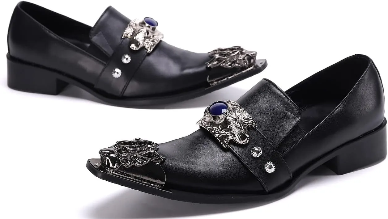 Santimon Men's Dress Loafers Metal Pointed Dragon Tip Genuine Leather Rhinestone Beaded Slip On Wedding Business Strap Tuxedo Fashion Formal Shoes