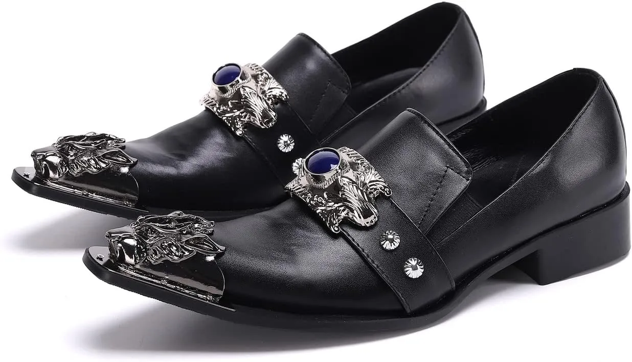 Santimon Men's Dress Loafers Metal Pointed Dragon Tip Genuine Leather Rhinestone Beaded Slip On Wedding Business Strap Tuxedo Fashion Formal Shoes