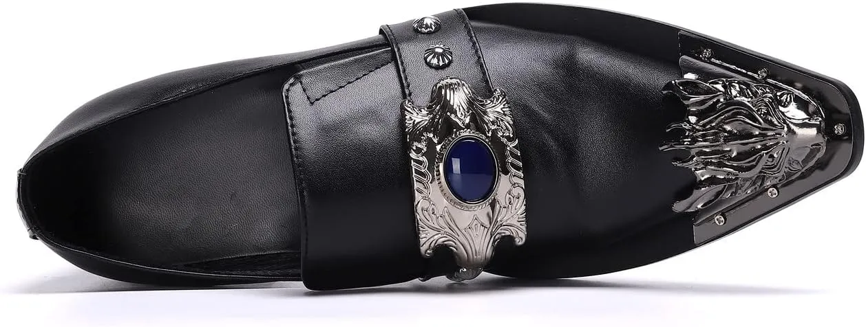 Santimon Men's Dress Loafers Metal Pointed Dragon Tip Genuine Leather Rhinestone Beaded Slip On Wedding Business Strap Tuxedo Fashion Formal Shoes