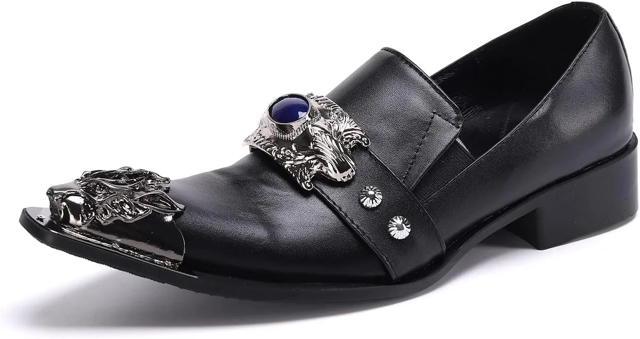 Santimon Men's Dress Loafers Metal Pointed Dragon Tip Genuine Leather Rhinestone Beaded Slip On Wedding Business Strap Tuxedo Fashion Formal Shoes