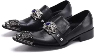 Santimon Men's Dress Loafers Metal Pointed Dragon Tip Genuine Leather Rhinestone Beaded Slip On Wedding Business Strap Tuxedo Fashion Formal Shoes