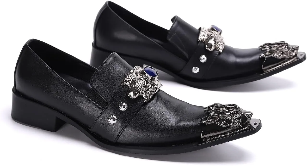 Santimon Men's Dress Loafers Metal Pointed Dragon Tip Genuine Leather Rhinestone Beaded Slip On Wedding Business Strap Tuxedo Fashion Formal Shoes