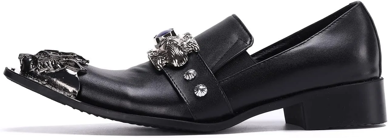 Santimon Men's Dress Loafers Metal Pointed Dragon Tip Genuine Leather Rhinestone Beaded Slip On Wedding Business Strap Tuxedo Fashion Formal Shoes